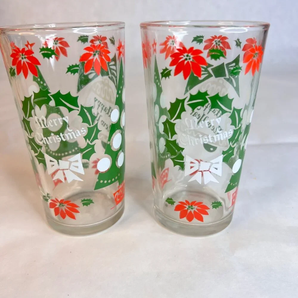 5 Vintage Hazel Atlas Tumblers Christmas Drinking Glasses Happy New Year 10 OZ‎